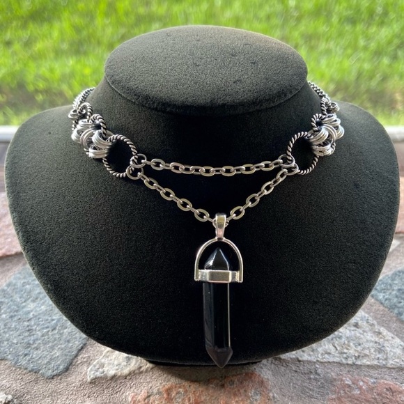 Handmade maille choker & Black obsidian bullet charm boho necklace - Picture 1 of 15